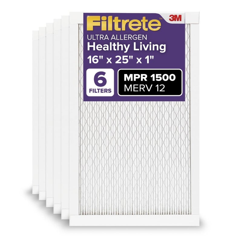 Filtrete 16x25x1 AC Furnace Air Filter, MERV 12, MPR 1500, CERTIFIED asthma & allergy friendly, 3 Month Pleated 1-Inch Electrostatic Air Cleaning Filter, 6-Pack (Actual Size 15.69x24.69x0.78 in) - Image 1